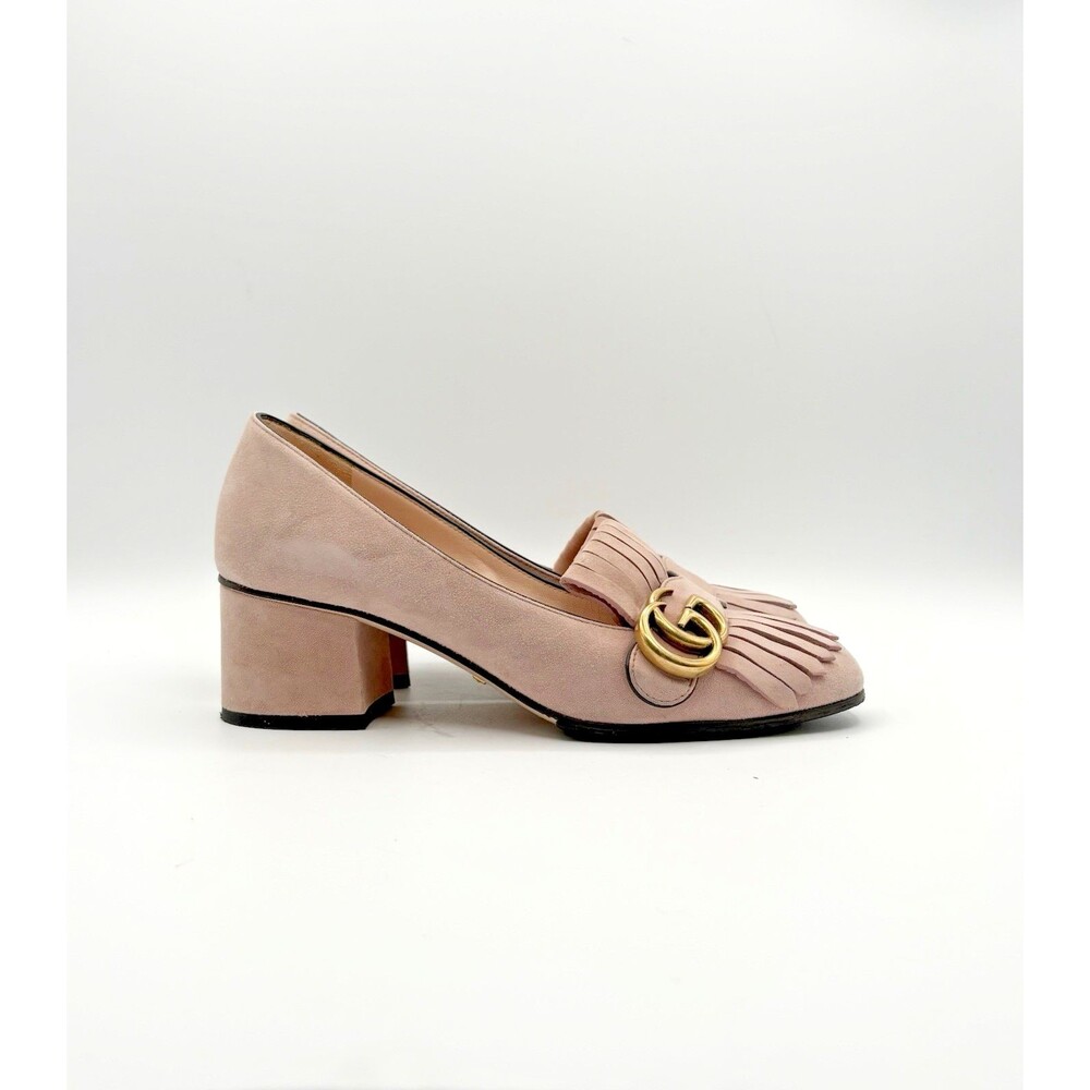 Gucci Pink Suede Fringe Marmont GG Logo Block Heel Low Heel Pumps Size EU 37 - Picture 3 of 14
